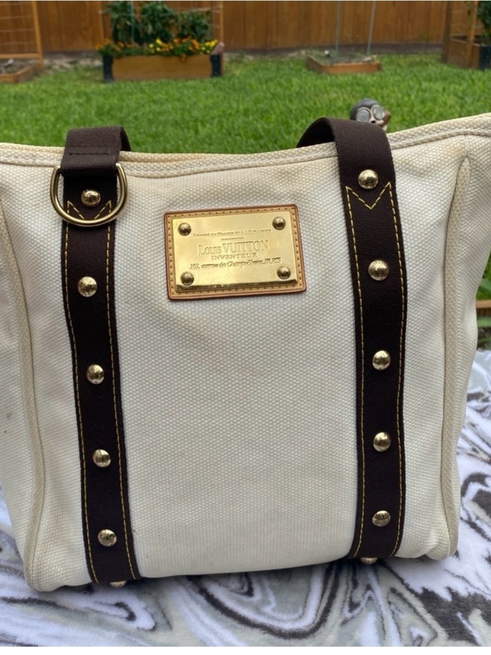 Louis Vuitton Cream Canvas Tote with Dark Brown Straps and Gold Plaque